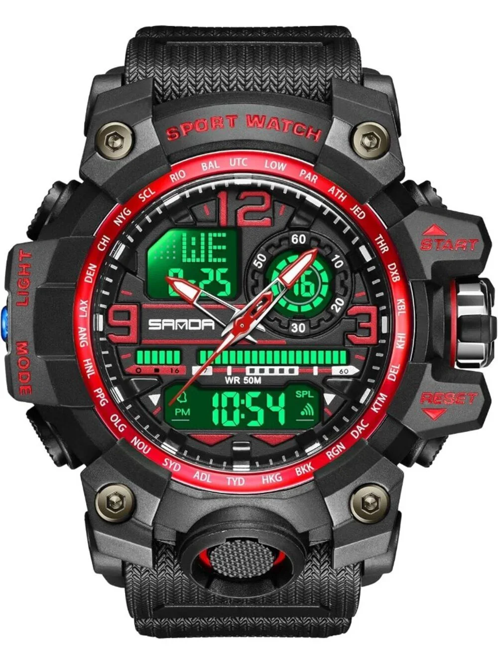 Men's Black Red Analog Quartz Waterproof Military Sports Outdoor Digital Watch